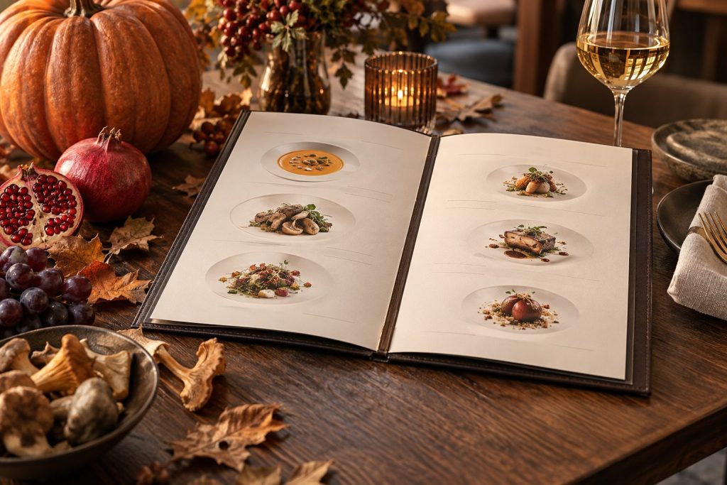 Carta de otoño de un restaurante con productos de temporada