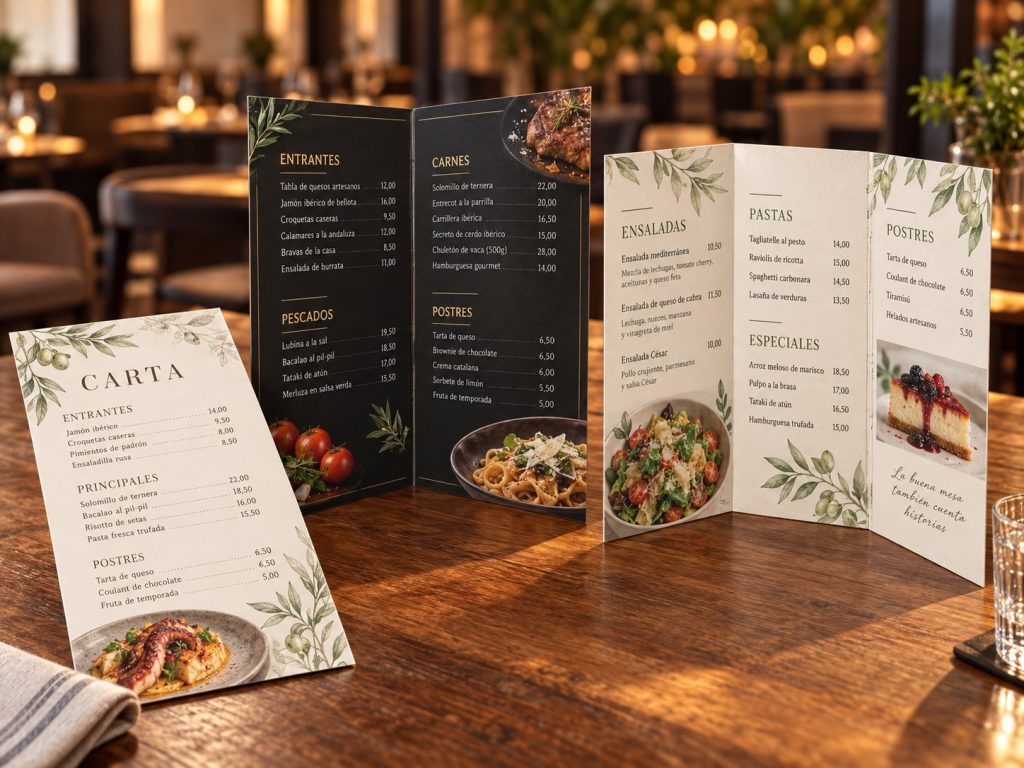Cartas dípticas y trípticas personalizadas para hostelería