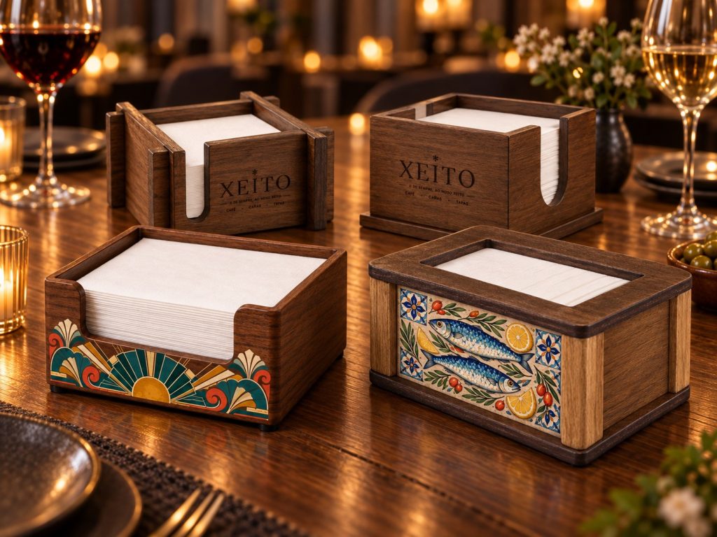 Servilleteros de madera artesanales personalizados con impresión DTF a todo color y láser. Diseños para restaurantes, bares, hoteles y cafeterías