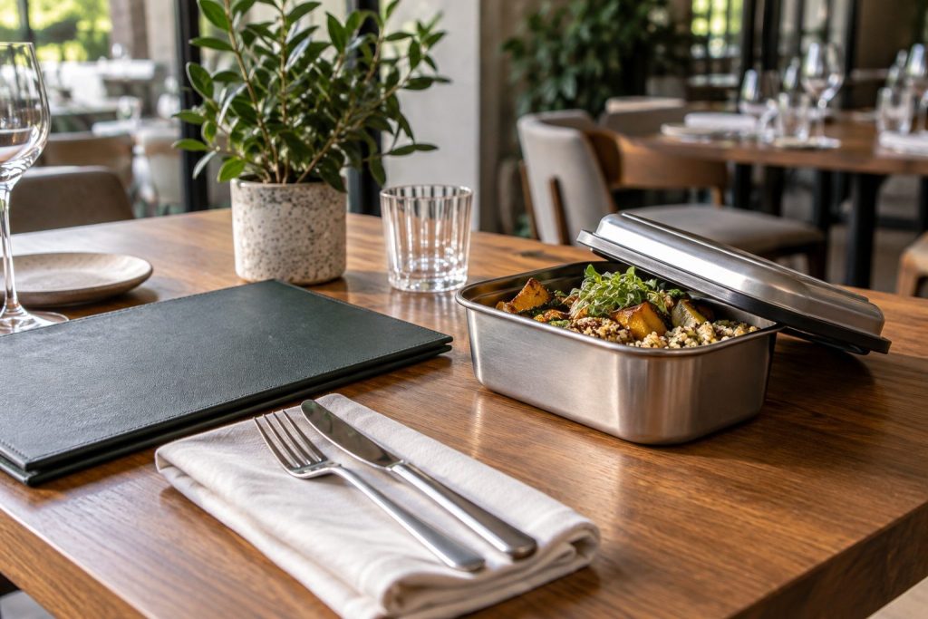 Recipiente para llevar alimentos no consumidos en un restaurante