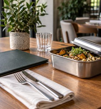 Recipiente para llevar alimentos no consumidos en un restaurante