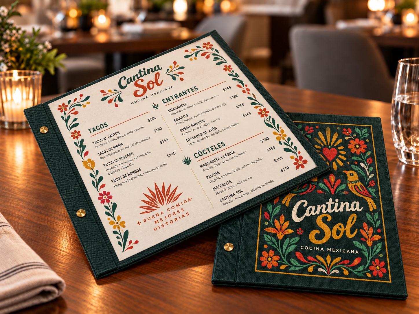 Carta Classic abierta en tela verde con tornillos e impresión DTF