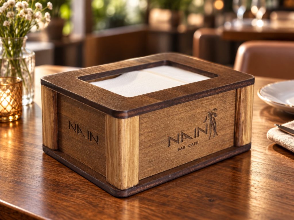 Servilletero de madera personalizado con grabado láser para restaurante