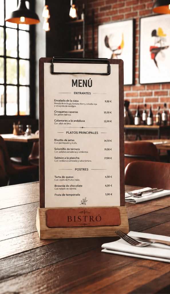 Soporte de mesa con pinza alambre y logotipo grabado con láser