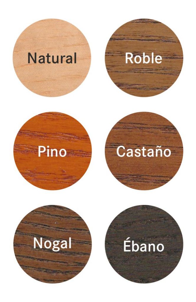 Muestras de tintes y acabados disponibles para servilleteros de madera